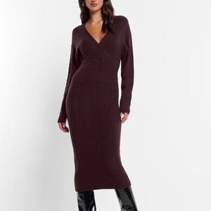 Cable Knit V-Neck Long Sleeve Midi Sheath Sweater Dress